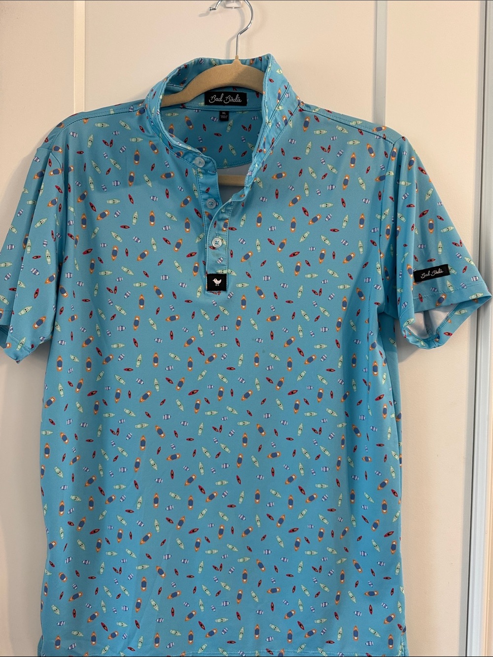 Bad Birdie Blue Short-Sleeve Polo with Surfboard Print